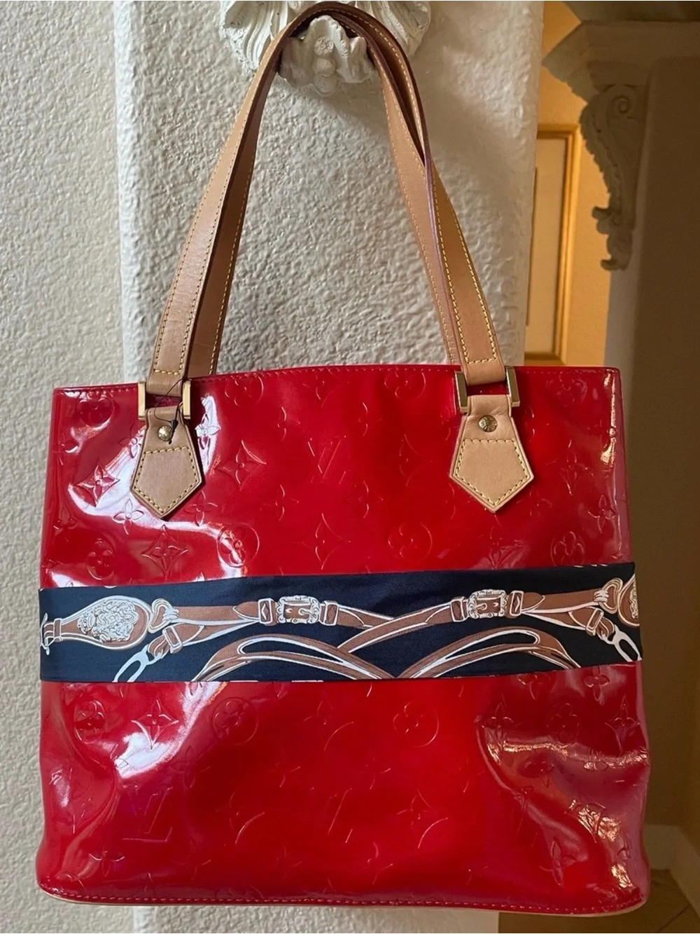 Louis Vuitton Red Patent Tote with Tan Handles